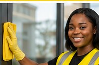 Harbor City team member cleaning interior glass with a yellow cloth