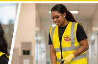 Harbor City team member mopping a bright commercial hallway